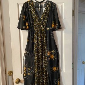Long black maxi dress w/floral print all around